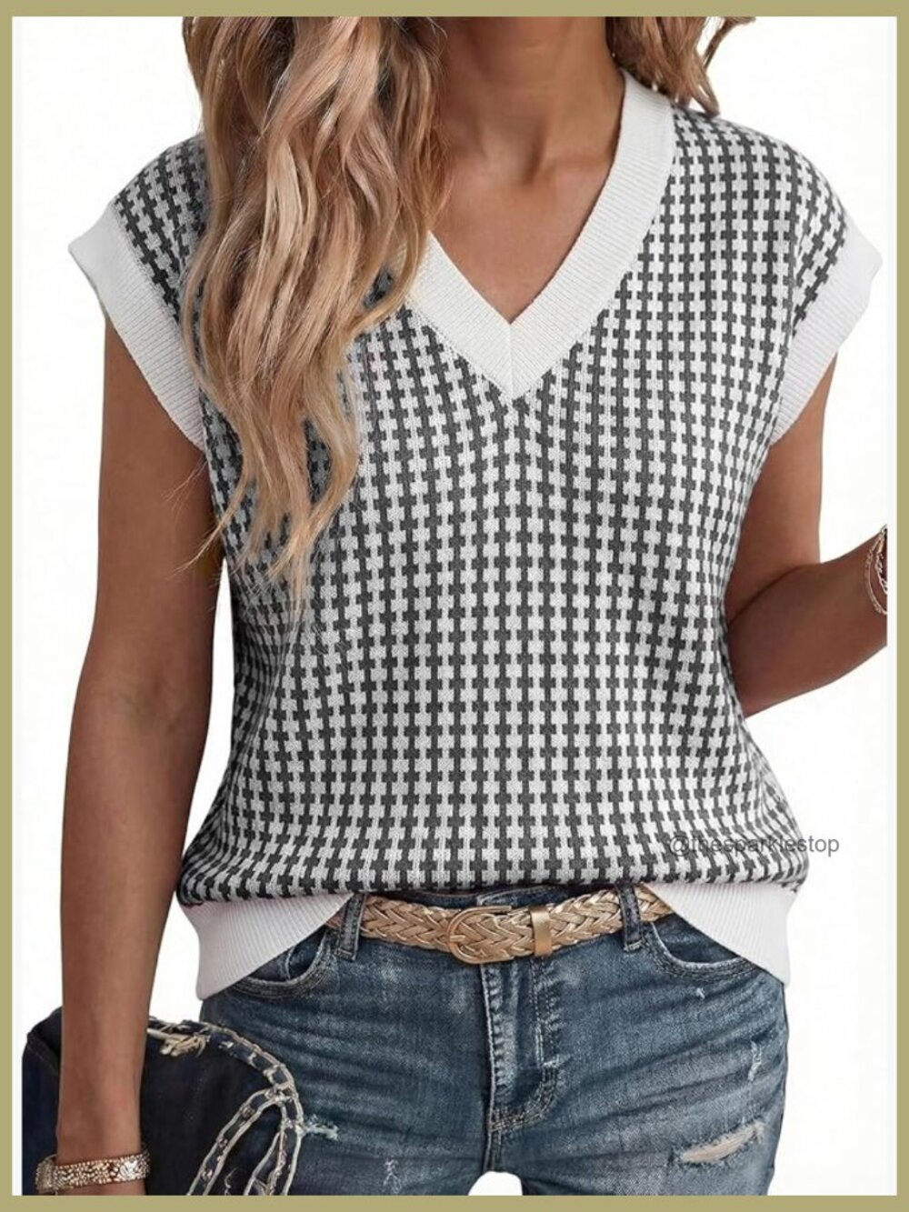V Neck Short Sleeve Plaid Knit Vest Loose Fit Pullover Sweater Blouse